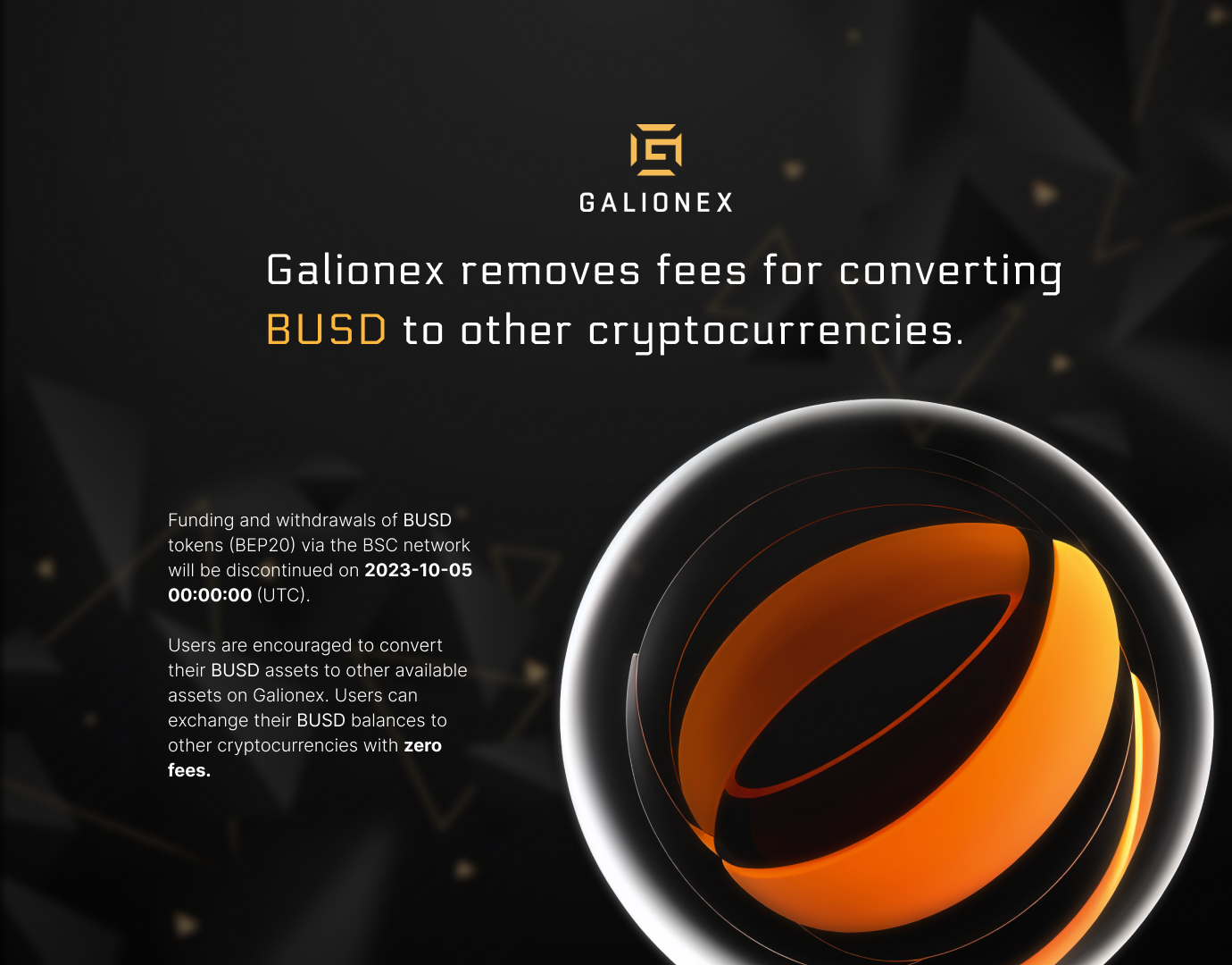 Galionex removes fees for converting BUSD to other cryptocurrencies